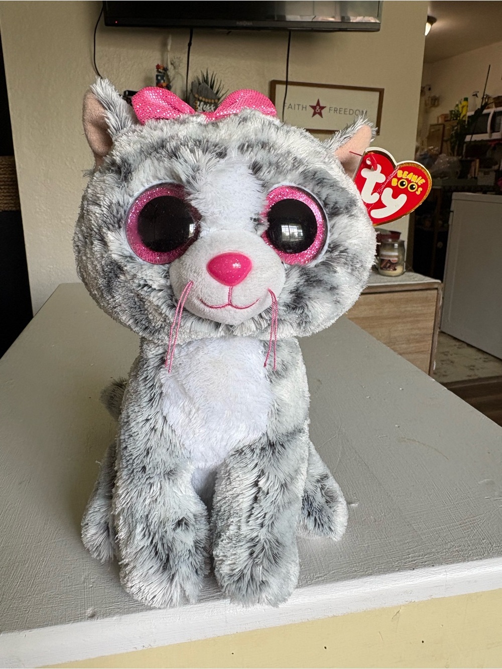 TY Gray Plush Cat with Pink Accents and Sparkle Bow